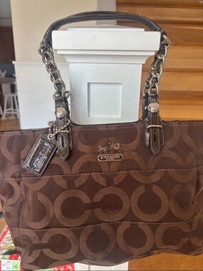 Coach Brown Signature Canvas Tote with Chain-Trim Handles pink liner